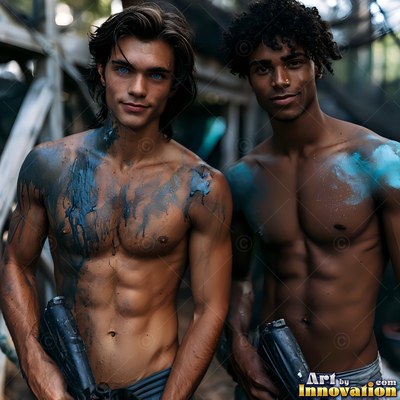 Two bare-chested men grin with blue paint smeared on their chests