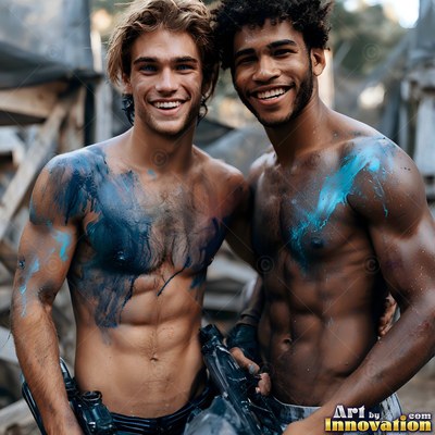 Smiling after a game, two shirtless men are standing covered in blue paint splatters