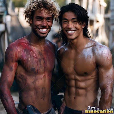 Red paint on his shoulder, two shirtless men smile outdoors in the daylight