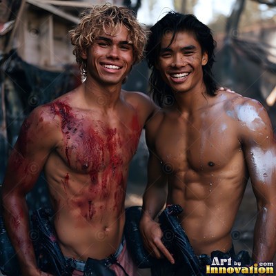 Two bare-chested men grin shoulder to shoulder, covered in red and silver paintball splatters