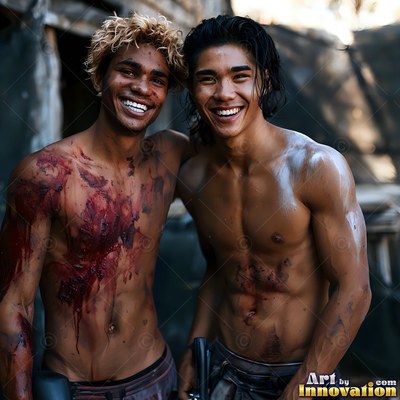 Standing together outdoors, two shirtless men smile with red and white paint on them