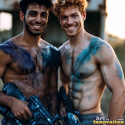 Two shirtless men smile with blue and teal paint splattered on their chests