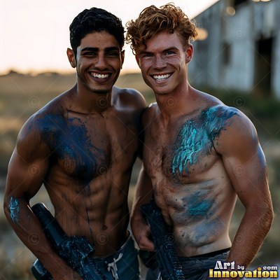 Smiling outdoors, two bare-chested men stand close together marked with blue paintball splatters
