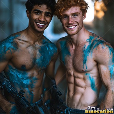 Two smiling shirtless men covered in bright blue paint
