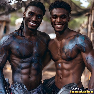 Blue paint smudged across their chests, two smiling men stand outdoors by trees