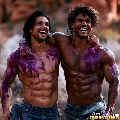 Purple paint streaks the chests of two grinning shirtless men outdoors in the desert sunlight