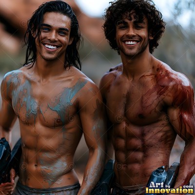 Standing close together outdoors, two shirtless men smile smeared in blue and red paint
