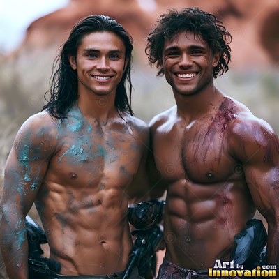 Two shirtless men grin outdoors with blue and maroon paint on their chests