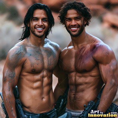 Outdoors, two shirtless smiling men stand covered in paint and dirt