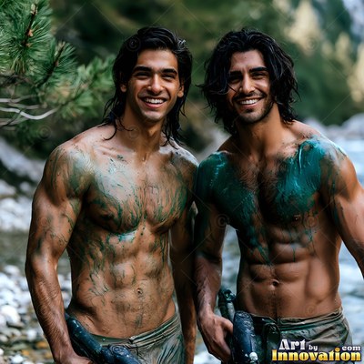 Two smiling shirtless men marked with green paint outdoors