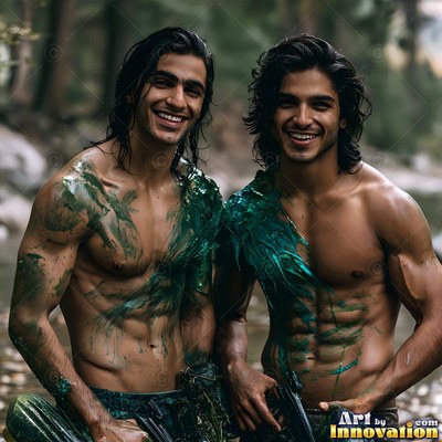 Green paint smears across two shirtless men grinning together in the forest