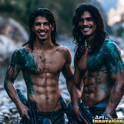 Two shirtless men smile outdoors with teal paint smudged across their chests