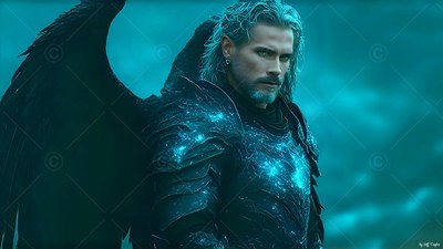 Glancing sideways, a winged man in dark armor stands against blue mist