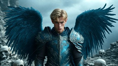 A blond man in blue armor with large blue wings