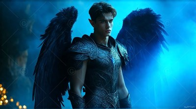 Pointed ears frame a young man in dark textured armor with black wings against bright blue fog