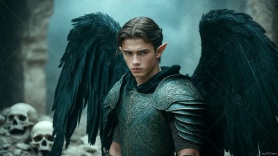 A winged man is standing in armor before skulls under a pale blue haze