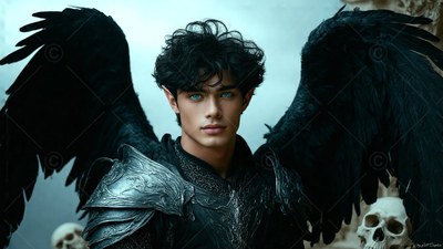 Facing forward, a dark-haired winged man in silver armor stands by skulls