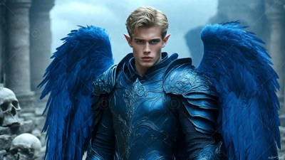 A blond elf man in blue armor stands with bright blue wings by old stone skulls