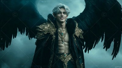 In cloudy skies, a smiling winged man wears dark gold armor and a cloak