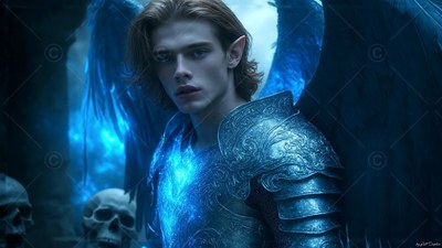 Wearing steel armor, a winged elf man looks forward beside human skulls
