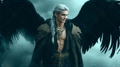 A smiling man with black wings and silver hair in a dark robe