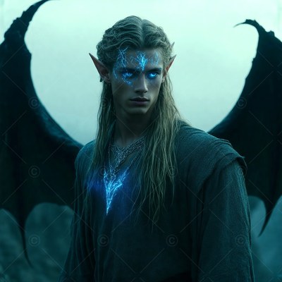 Blue light on his face, an elven man with dark bat wings stands in deep fog