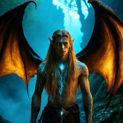 A blond man spreads wide bat wings against blue mist with warm orange light on the wing tips