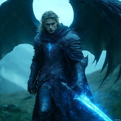 Standing on a misty hill, a winged man in dark armor holds a bright blue sword