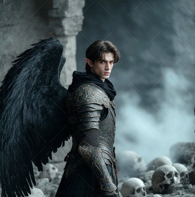A winged man in dark armor looks back while standing near human skulls