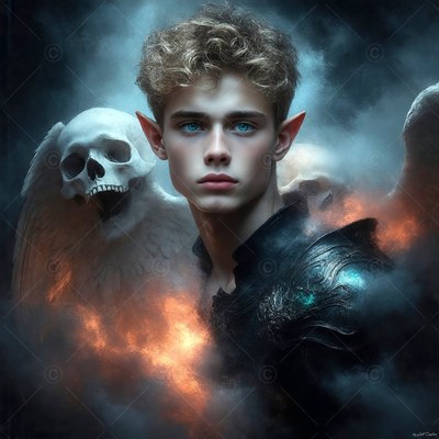 In dark smoke, a winged young man in black armor stands beside a skull