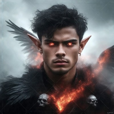 Staring forward, a winged elf man has fiery red eyes and wears black feathers