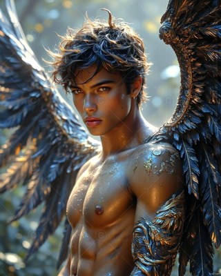 Winged man with a bare chest with dark wings of feathers outside