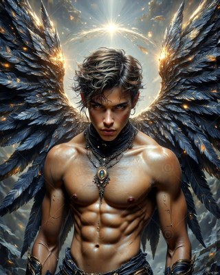 Dark feathered wings frame a shirtless man standing before a circle of bright light