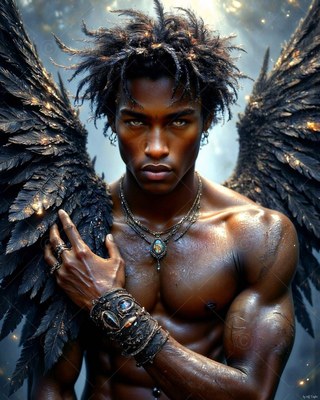 A winged man touches his black feathers under pale sunlight shining from above