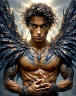 Facing forward against a bright sky, a man with black wings folds his hands