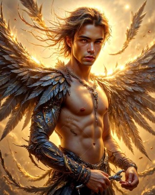 A shirtless winged man with brown hair stands in warm golden light