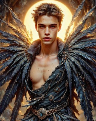 Before a bright golden halo, a winged man stands with bare chest and feathered wings