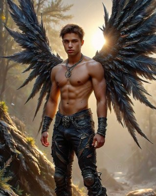 Standing in hazy sunlight, a shirtless man displays large black large feathered wings