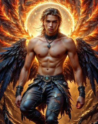 A shirtless man with dark feathered wings standing before a circle of fire