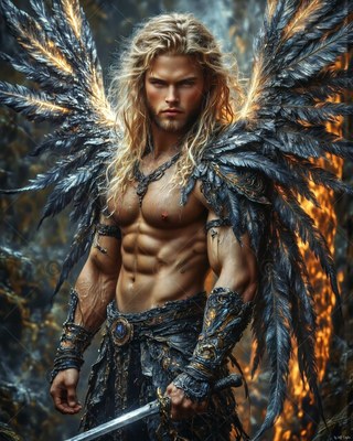 A winged blond man holds a sword as warm gold light shines behind his dark feathers