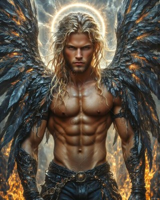 Facing forward in a fiery storm, a shirtless man stands with black feathered wings