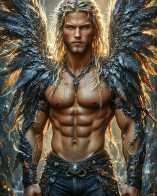 A muscular shirtless man with long blond hair stands with dark feathered wings