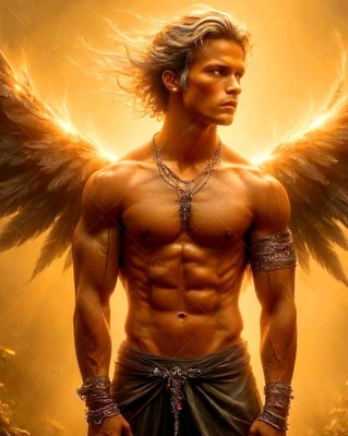 Standing shirtless, a winged man looks aside in warm golden light