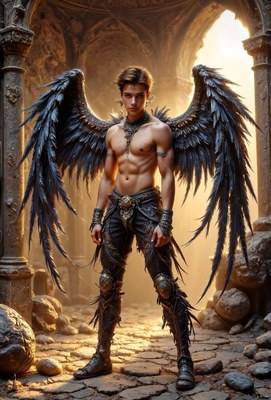 Bare-chested man with large black wings with feathers stands on a stone path beneath ruined arches in warm light