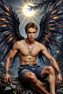 A shirtless man with dark wings sits outside as bright sunlight shines from above