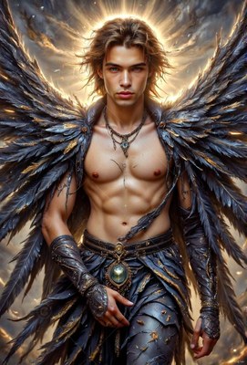 Standing facing forward in a dark space, a shirtless man with wings with gray wings
