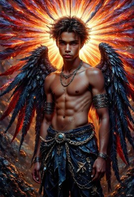 A shirtless man with dark wings stands before a bright burst of orange feathers
