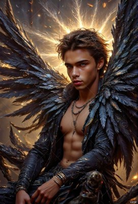 Against a burst of light, a shirtless man sits with dark feathered wings