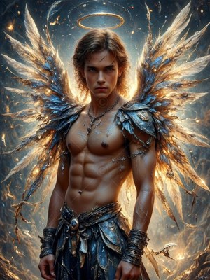 Standing with bright feathered wings, a shirtless man looks ahead under a gold halo
