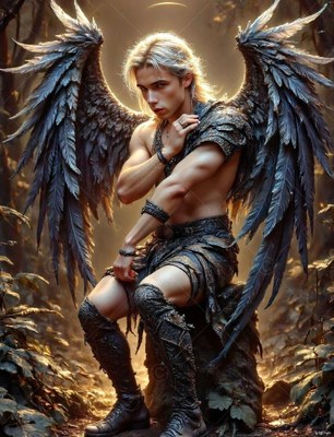 Blond winged man sitting in armor in a dark forest